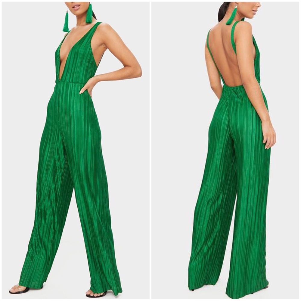 PrettyLittleThing Green Plunge Jumpsuit